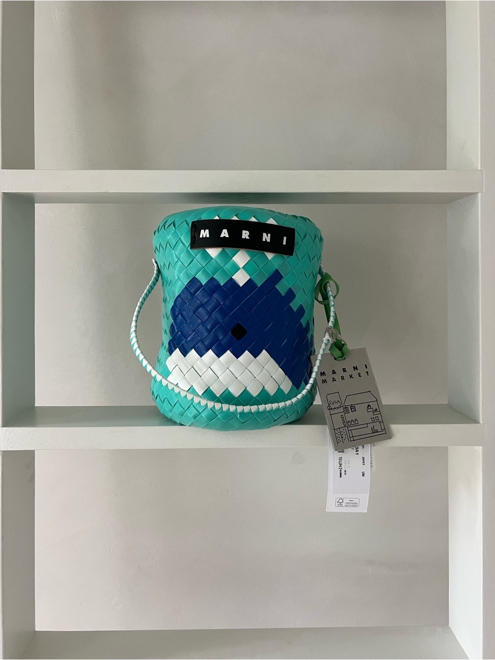 Marni Turquoise, Blue & White pvc Bucket basket with tags